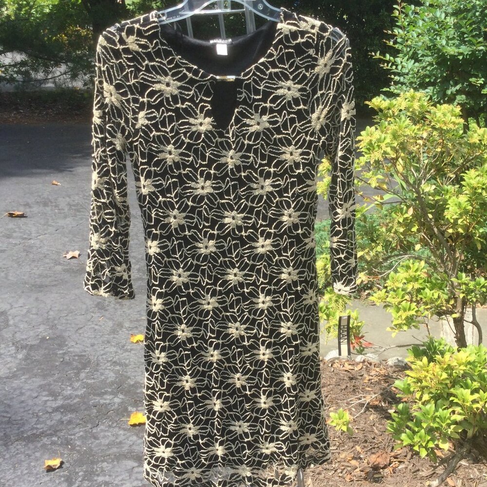 HAANI Raised Tan Flora on Black Midi Dress